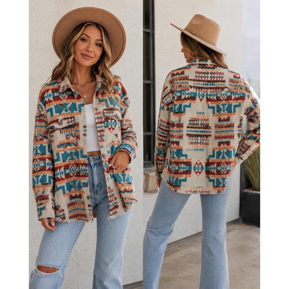 Blue B Collection Aztec Southwestern Shacket Fringe Hem Women's Large Boho